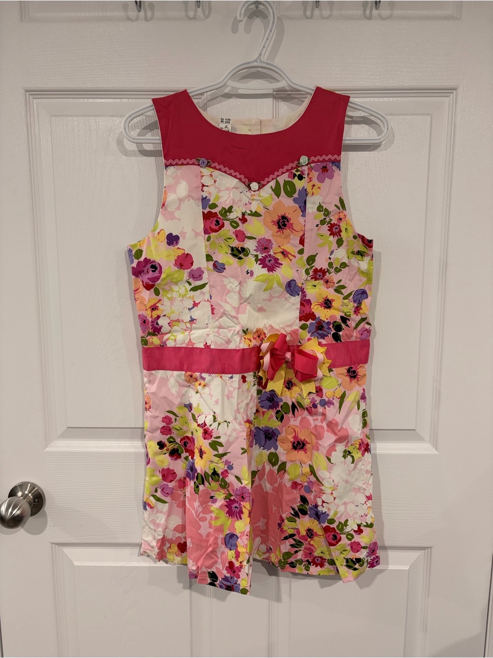 Handmade Girls' Floral Sleeveless Pink Belted Dress with Decorative Bow